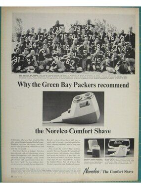 Print Ad Green Bay Packers Recommend Norelco Comfort Shave Electric Razor 1960s